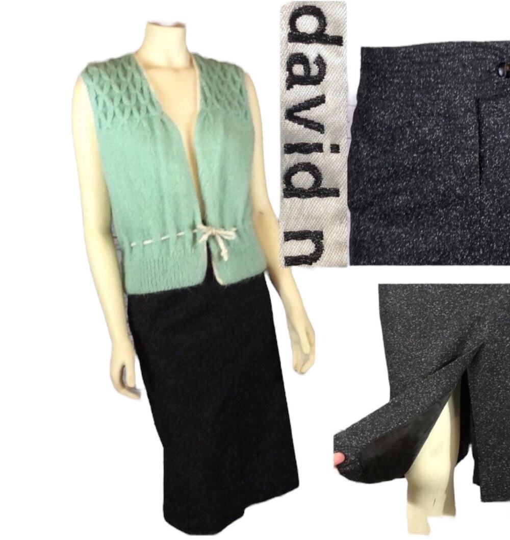 Vintage David N Black & White wool Speckle Pencil knee length Skirt size 12
